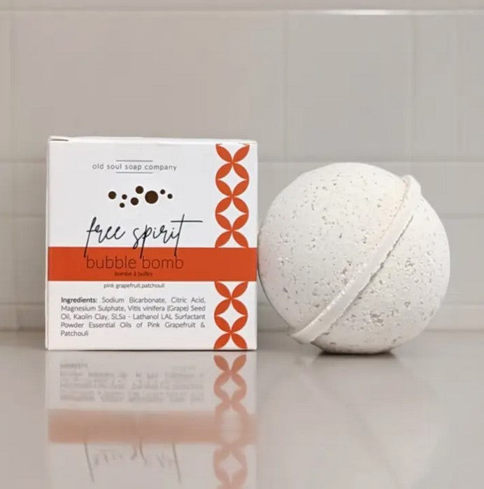 Old Soul Soap Company Free Spirit Bubble Bomb with iridescent blue and purple swirls, textured surface, 3-inch diameter