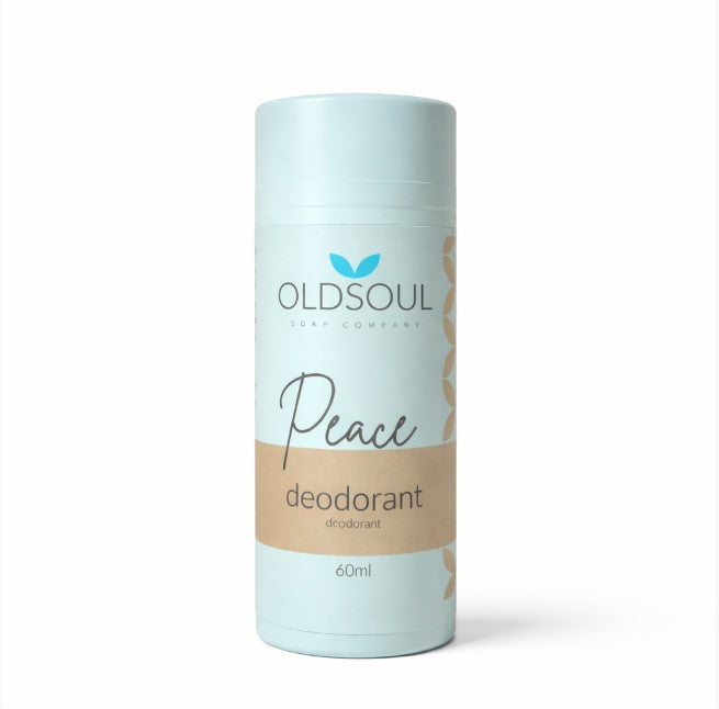 Peace Natural Deodorant by The Old Soul Soap Company, a Canadian-made aluminum-free deodorant in a compostable cardboard tube with lavender, rosemary, and peppermint essential oils.