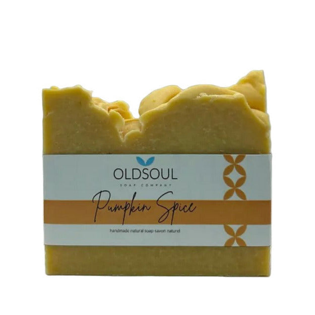 Pumpkin spice scented vegan bar soap by Old Soul Soap Company with autumn-inspired design, 4 oz, handcrafted in Canada