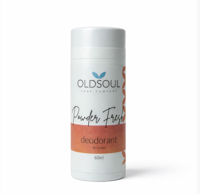 Powder Fresh Natural Deodorant by The Old Soul Soap Company, a Canadian-made aluminum-free deodorant in a compostable cardboard tube scented with vanilla and rose.