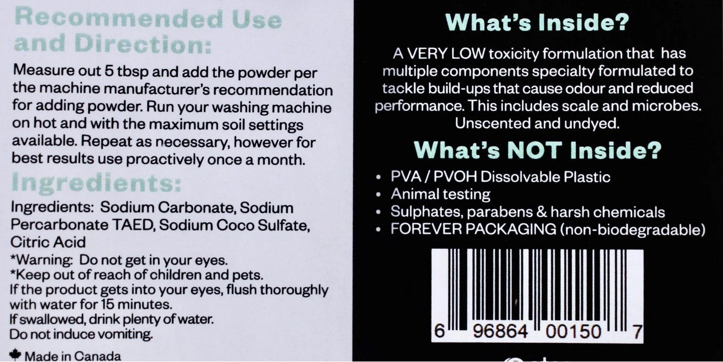etee washing machine cleaner directions, ingredients, and low-tox formula details made in Canada