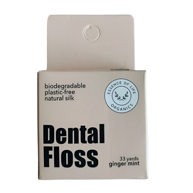Biodegradable dental floss with ginger mint flavor from Essence of Life Organics, eco-friendly, zero waste personal dental