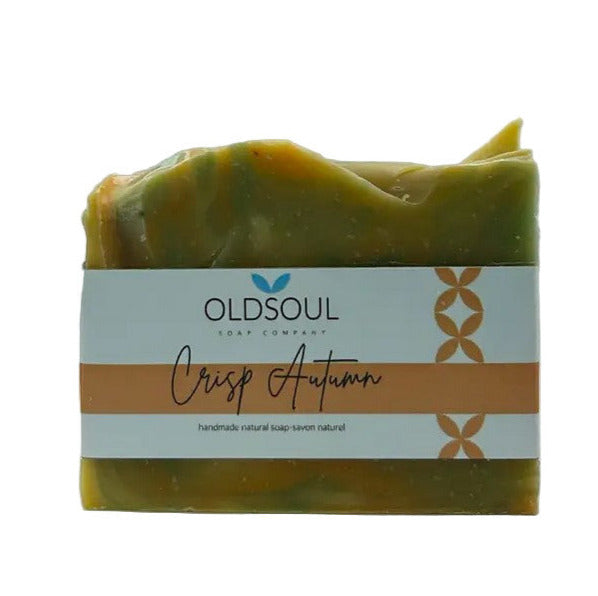 Crisp Autumn artisan bar soap with mulled cider scent, textured autumnal colors, from Old Soul Soap Company, vegan