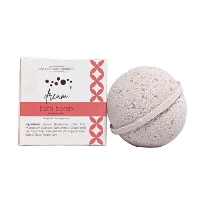 Old Soul Soap Company Dream Bath Bomb beside box on a white background
