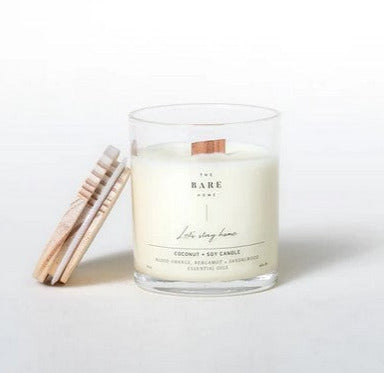 Blood orange, bergamot, and sandalwood scented essential oil candle in a clear glass jar by The Bare Home, Canadian-made, 8