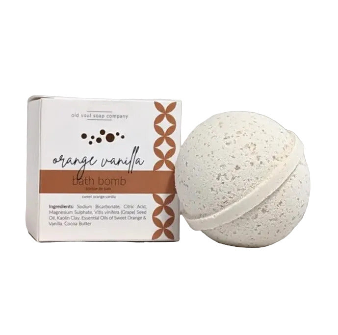 Old Soul Soap Company orange vanilla bath bomb beside box on a white background