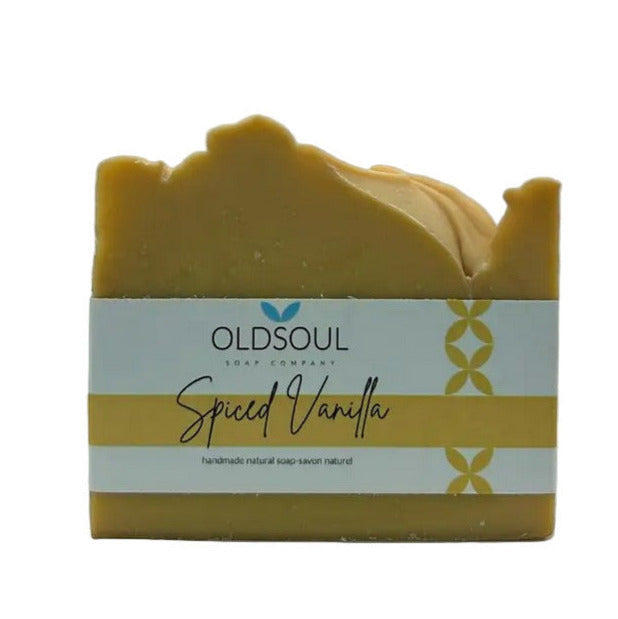 Spiced vanilla vegan artisan soap bar by Old Soul Soap Company, handcrafted, 3x2 inches, with warm cinnamon and vanilla tones