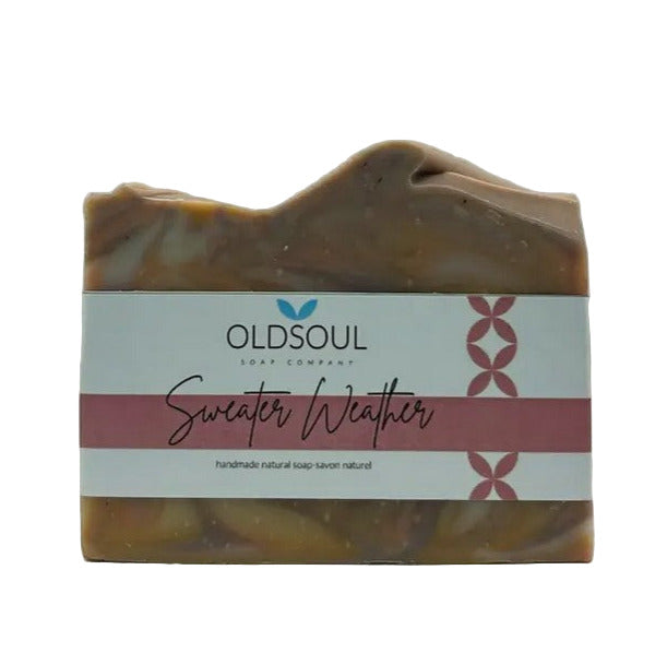 Old Soul Soap Company Sweater Weather vegan bar soap with autumn-inspired scent, creamy lather, and textured beige and amber