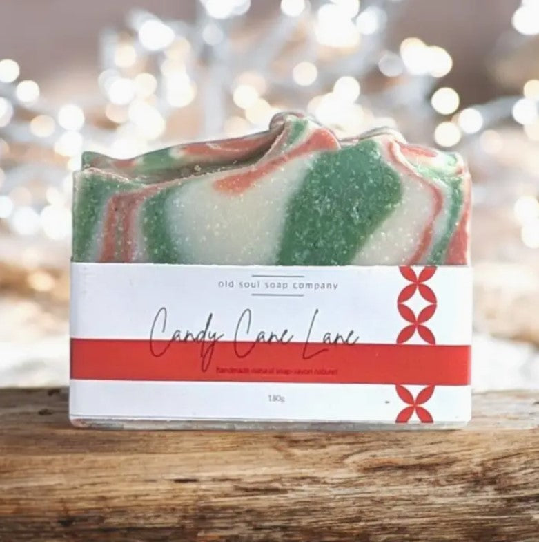 Candy Cane Lane artisan soap bar by Old Soul Soap Company featuring red and white swirls, vegan and Canadian-made, 4 oz size