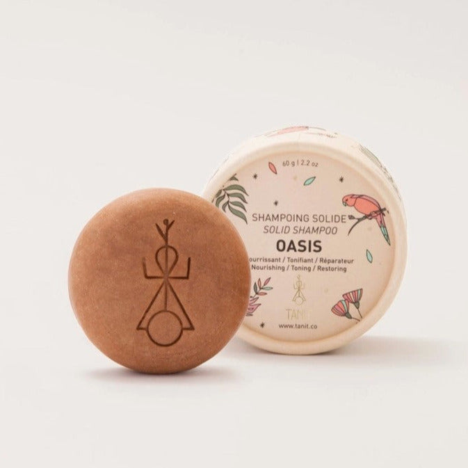 Tanit Botanics Oasis Shampoo Bar for normal hair with citrus vanilla scent, natural ingredients, palm-sized, eco-friendly