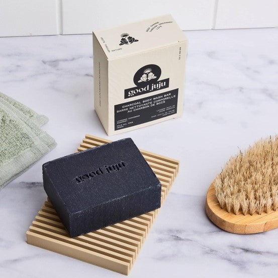 Good Juju Charcoal Body Wash Bar with cedarwood rosemary and lavender for plastic-free body care