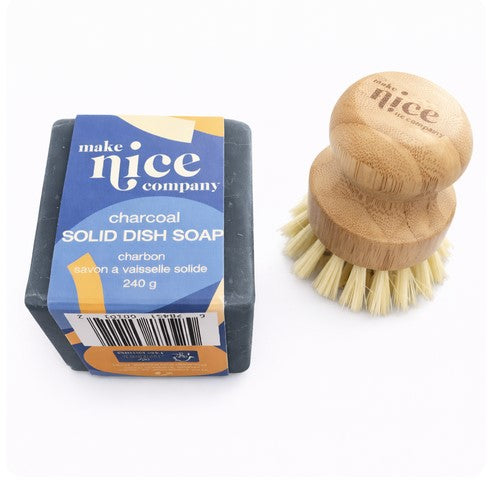 Make Nice Company Charcoal Solid Dish Soap Scrubber Kit with compostable beechwood pot brush – non toxic zero waste kitchen cleaning set
