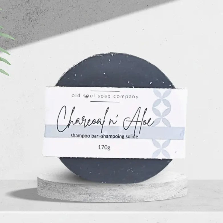 Charcoal and aloe vera shampoo bar from Old Soul Soap Company with soothing scent, smooth texture, for all hair types