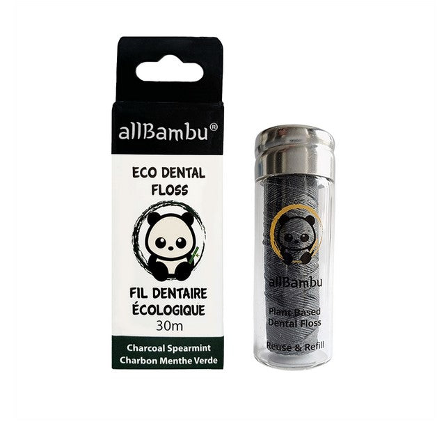 allBambu biodegradable plant-based charcoal spearmint dental floss spool with black and white packaging and textured floss