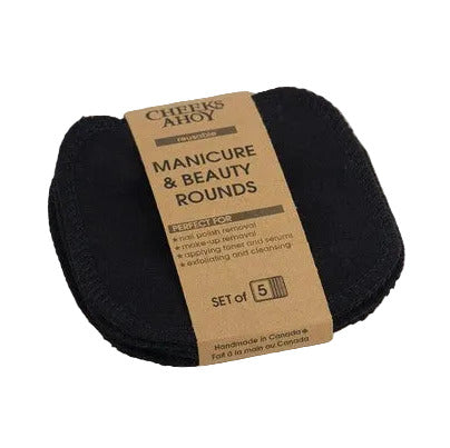 Set of black manicure and beauty rounds with a brown label made in Canada by Cheeks Ahoy on a whitebackground