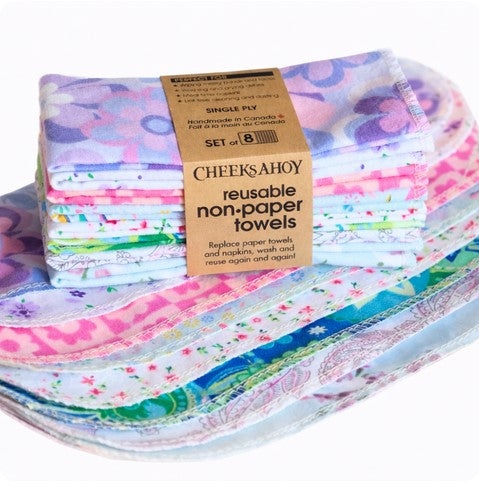 Close-up of spring floral pattern on reusable non-paper towels, highlighting vibrant color detail and fabric texture.