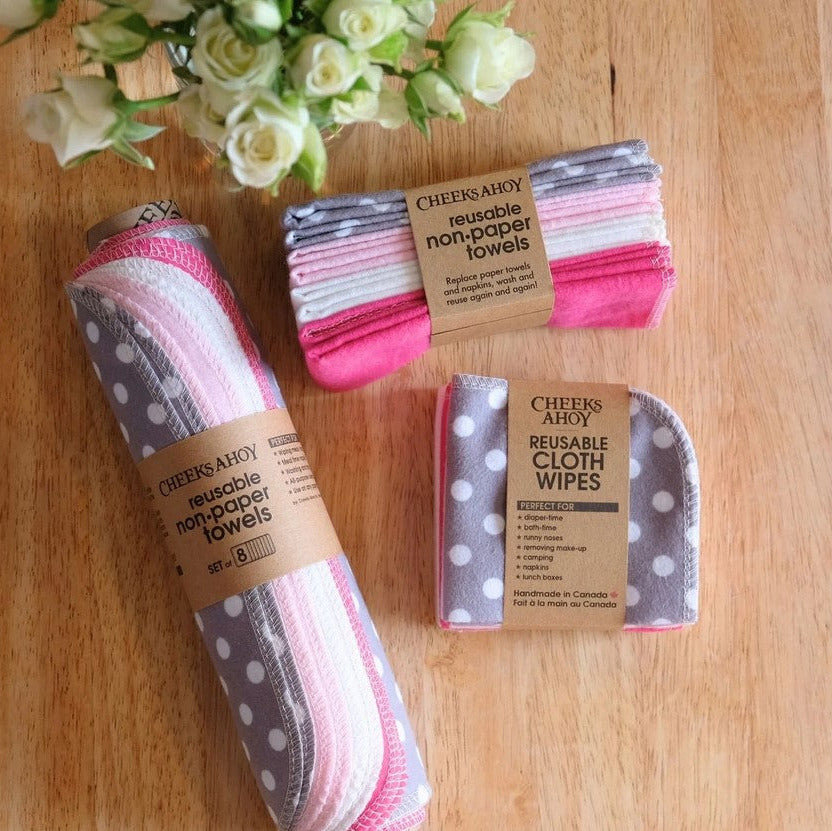 Cheeks Ahoy reusable cloth wipes with blue and white striped pattern, soft terry texture, 12x12 inches, made in Canada