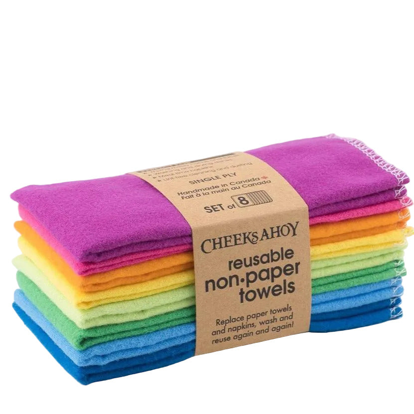 Cheeks Ahoy Rainbow Swedish dishcloths set of 8, single ply unpaper towels with colorful striped patterns, made in Canada