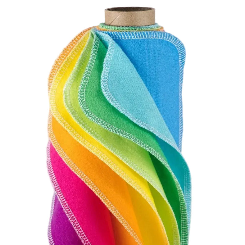 Cheeks Ahoy reusable non-paper towels in bright rainbow cotton with fold edges, Canadian-made, 10x10 inches, for kitchen use