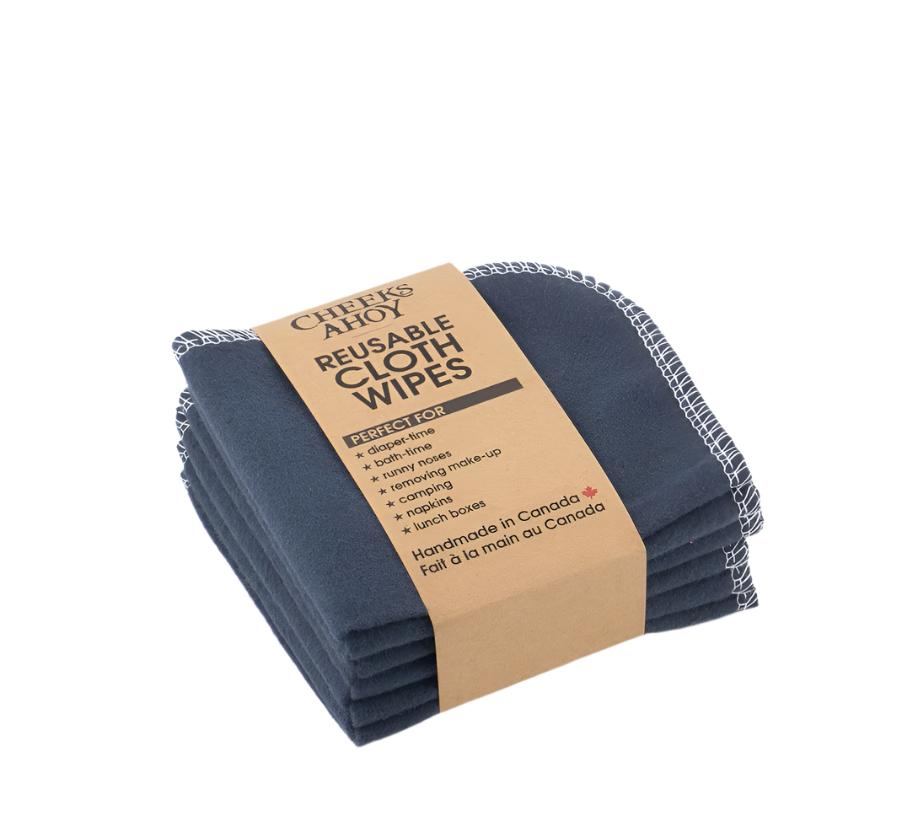 Cheeks Ahoy Charcoal reusable cloth wipes, 10-pack, soft textured cotton fabric with embroidered edges, displayed in stack
