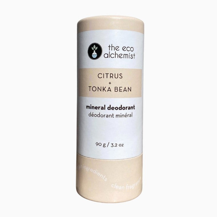 The Eco Alchemist Citrus Tonka Bean Mineral Deodorant Stick 90g in compostable packaging made in Canada