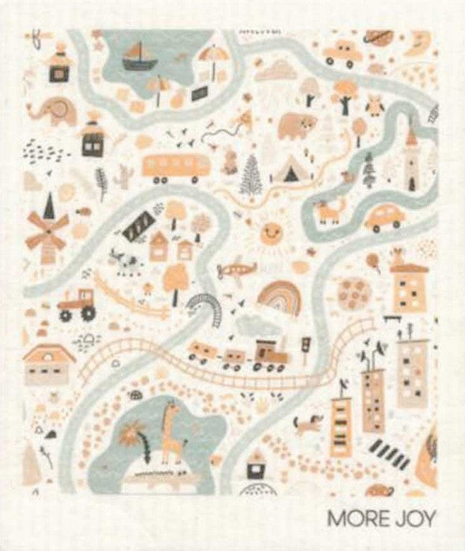 City of Children More Joy Swedish dishcloth featuring cheerful children artwork with colorful animal illustrations