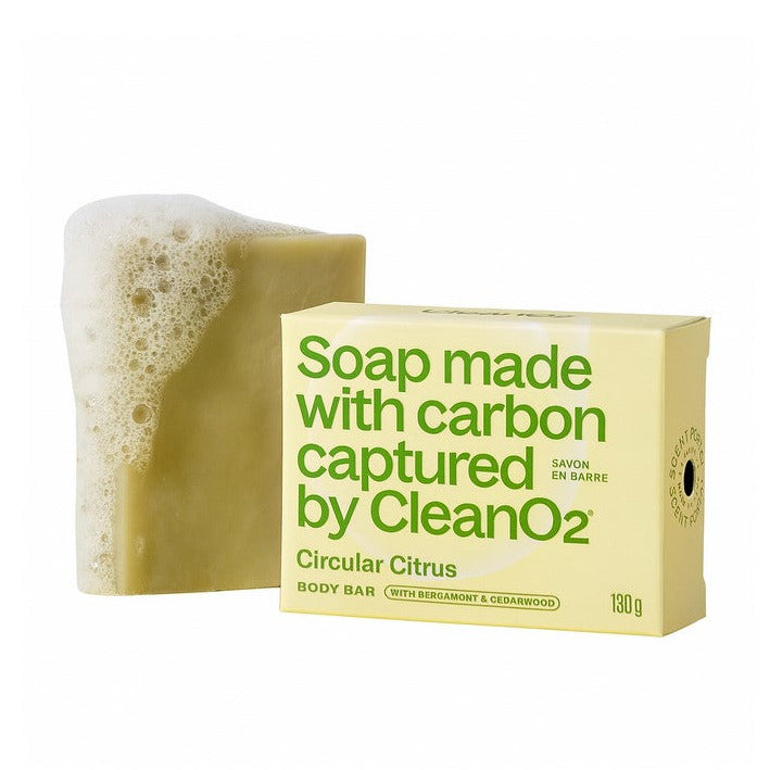 CleanO2 Circular Citrus Body Bar with carbon-capture soap packaging on a white background featuring lathered citrus and cedarwood body bar.