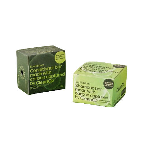 CleanO2 Equilibrium Shampoo and Conditioner Bar Set in eco-friendly packaging made in Canada with captured carbon, designed for balanced, nourished normal hair.