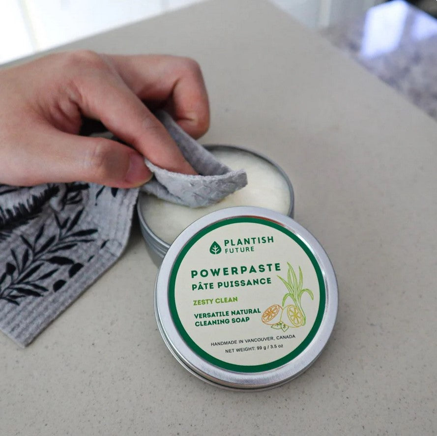 Close-up of Plantish Powerpaste Cleaning Soap’s textured, translucent gel with visible specks, showcasing its thick, sticky