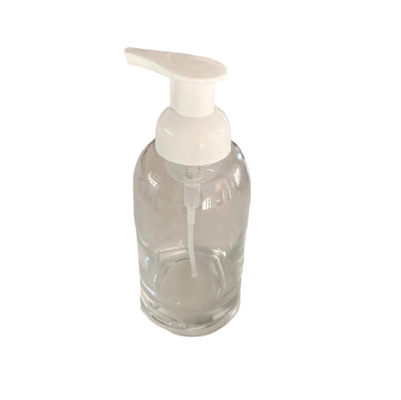 Refillable glass foaming hand soap bottle with clear cylindrical design, black pump, and Simply Natural Canada logo on white