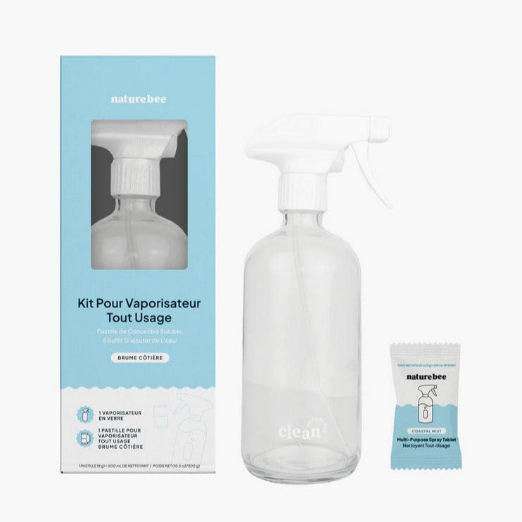 Nature Bee Costal Mist multi-purpose spray kit with biodegradable tablets, compact plastic spray bottles, and all-purpose