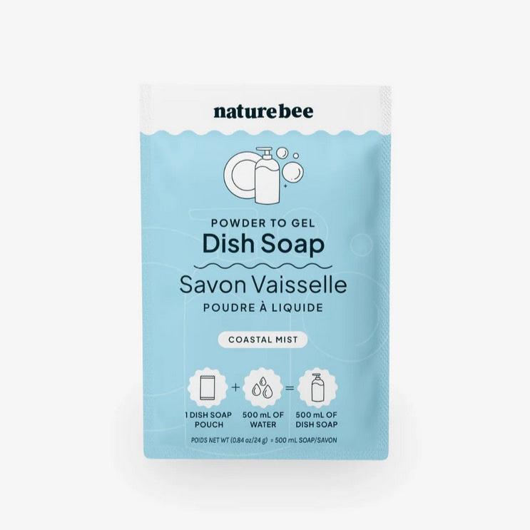 Nature Bee Clean Coastal Mist powder to gel dish soap in yellow and white plastic container with measuring scoop