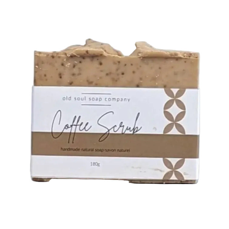 Old Soul Soap Company vegan coffee scrub artisan bar soap with organic, hand-crafted ingredients and earthy brown color