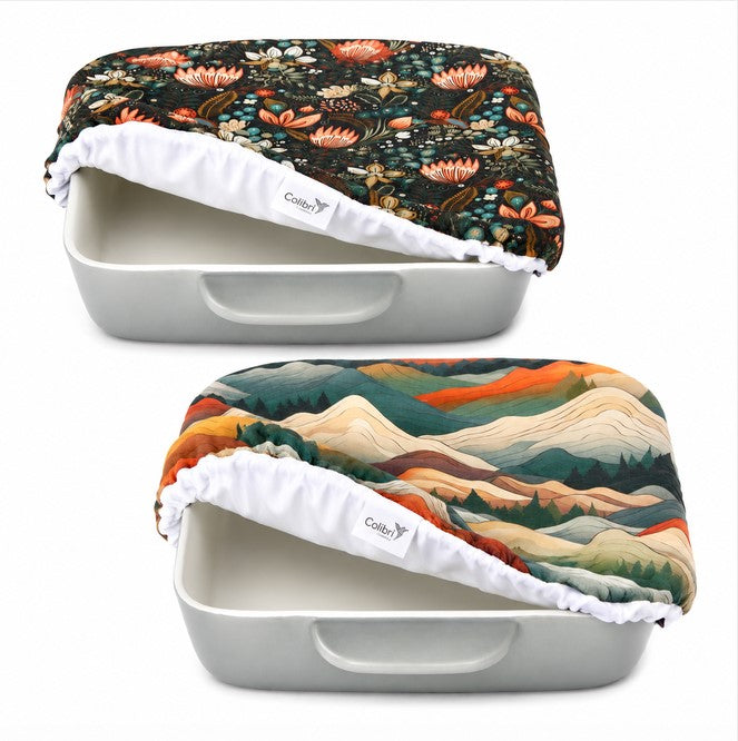 Colibri reusable casserole covers in Mountains and Penny Lane patterns