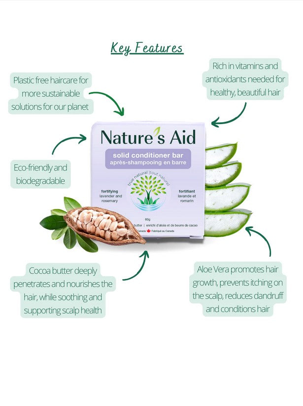 Close-up of the Nature's Aid Shampoo and Conditioner Bar set packaging highlighting the natural ingredients and eco-friendly
