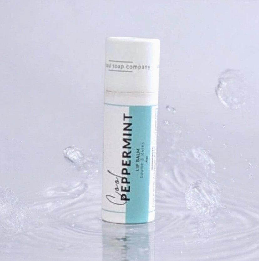 Old Soul Soap Company peppermint lip balm in compostable tube, natural, smoothly textured, 0.15 oz, made in Canada
