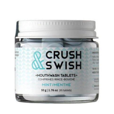 Nelson Naturals Crush & Swish Mint Mouthwash Tablets container with biodegradable packaging and green mint-flavored tablets