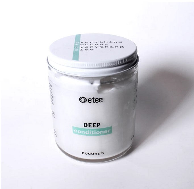 Etee deep hair conditioner in a white tub with coconut scent, creamy texture, enriched with natural ingredients for dry