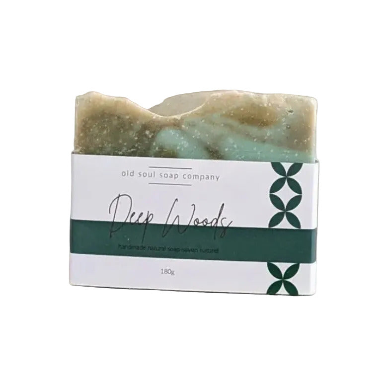 Earthy 180 g handcrafted Canadian made bar soap by the Old Soul Soap Company with Deep Woods on the label.