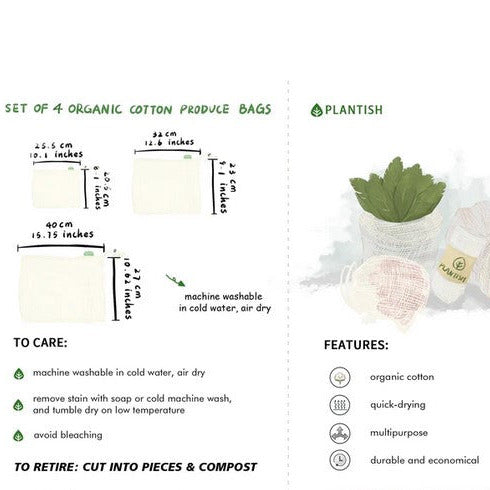 Product packaging with organic cotton produce bags, plantish branding, and care instructions.