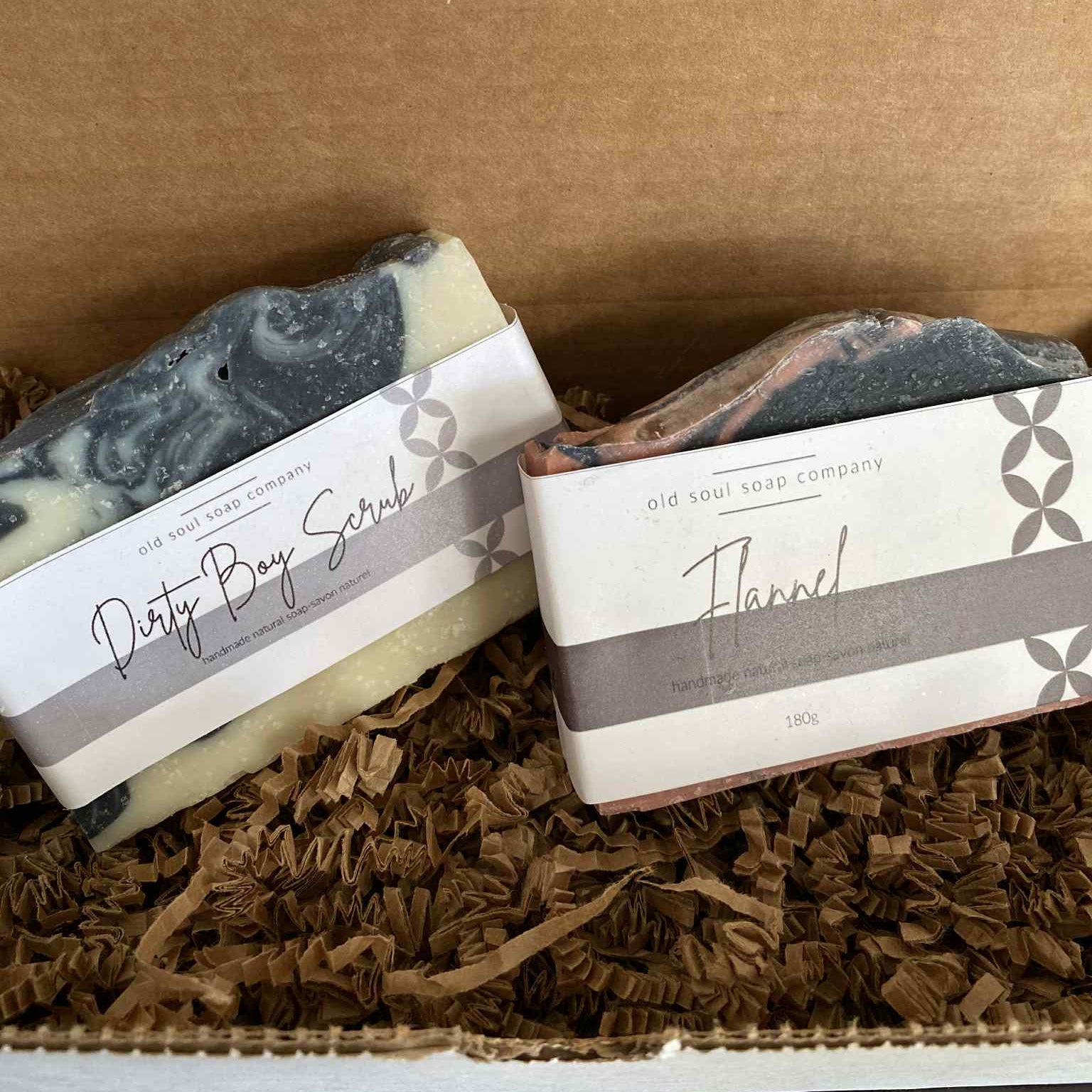 Dirty Boy Flannel Soap Gift Set from Old Soul Soap Company with three 4 oz rectangular soap bars featuring rustic orange