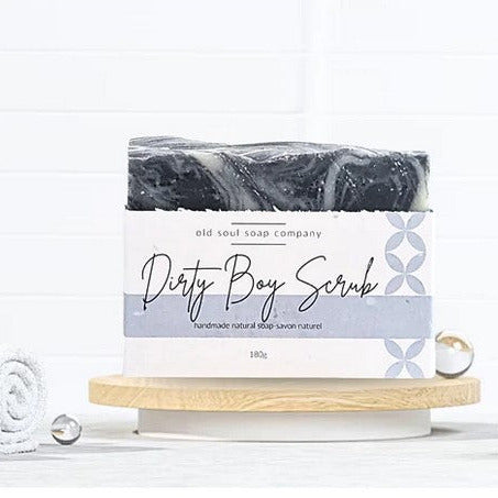 Dirty Boy Scrub artisan soap bar with textured black and brown swirls, crafted by Old Soul Soap Company, vegan and