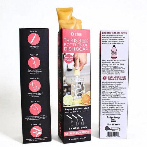 Etee citrus dish soap concentrate in biodegradable beeswax pods with textured natural surface and vibrant yellow-orange color