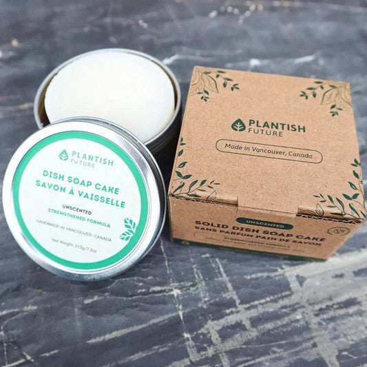 Plantish solid dish soap cake in circular shape with textured green plant-based surface, measuring 3 inches diameter, made