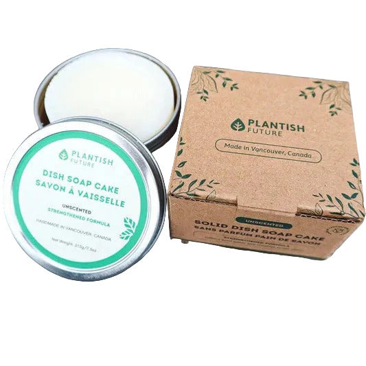 Plantish solid dish soap cake in circular shape with textured green plant-based surface, measuring 3 inches diameter, made