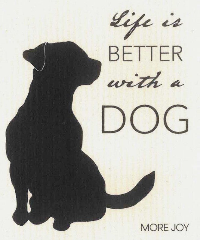 Dog-shaped biodegradable Swedish dishcloth with printed joyful dog design, made from cellulose and cotton, branded MORE JOY