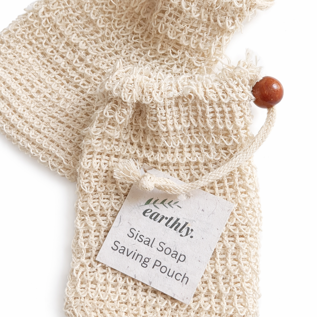 Sisal soap saving pouch set made in Canada, natural exfoliating zero-waste soap saver with drawstring