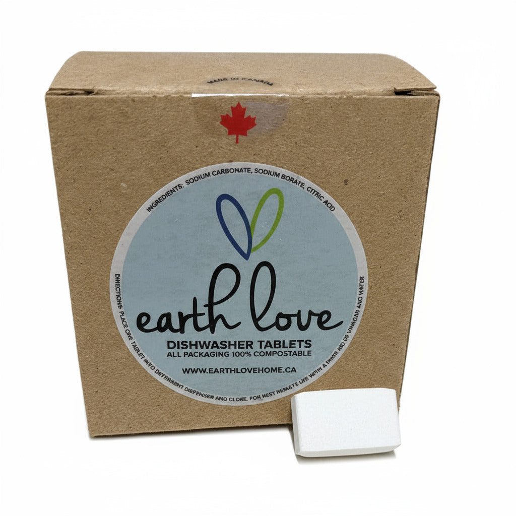 Earth Love dishwasher tablets in eco-friendly compostable packaging, 20-count, Canadian-made cleaning tablets for thorough
