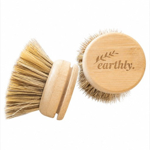 Two Earthly compostable replacement dish brush heads made from bamboo and sisal on a white background