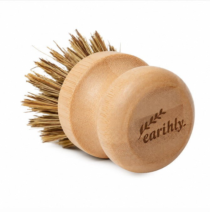 A bamboo-handled dish brush with natural plant-based bristles, shown on a clean white background. The front handle is engraved with the brand name 'earihly.